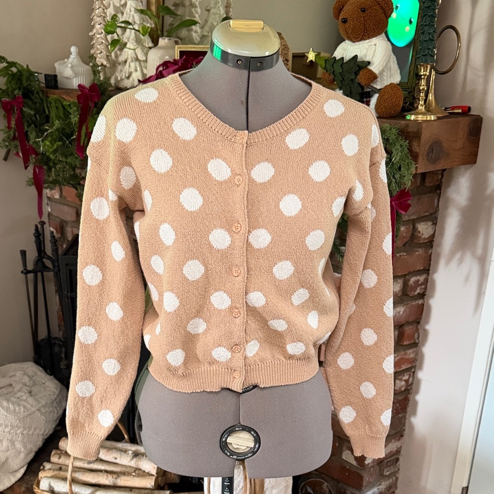 Chic Polka Dot Cardigan - Beige and White